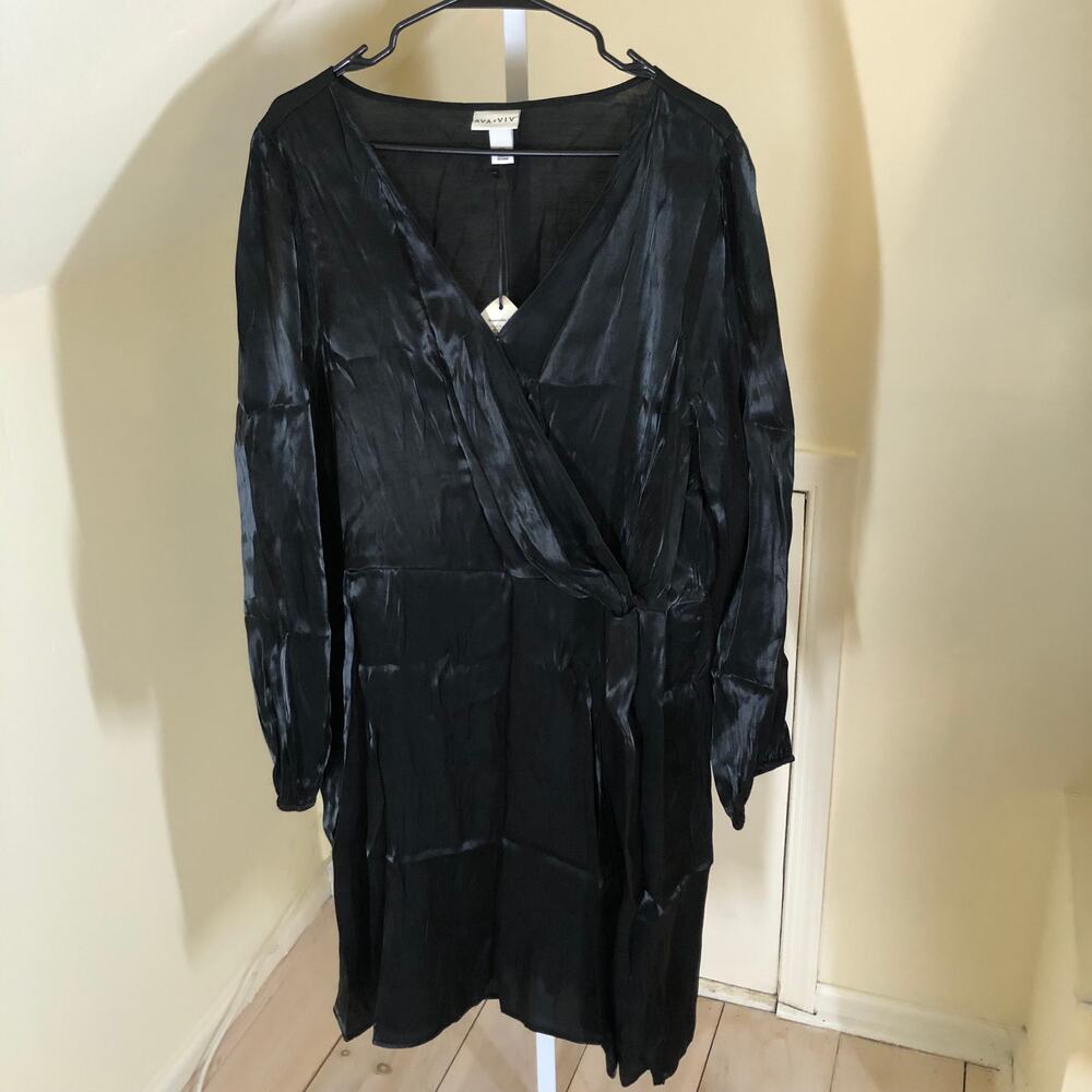 Ava + Viv NWT Women's Balloon Long Sleeve Midi Wrap Dress Black Shimmer 2X